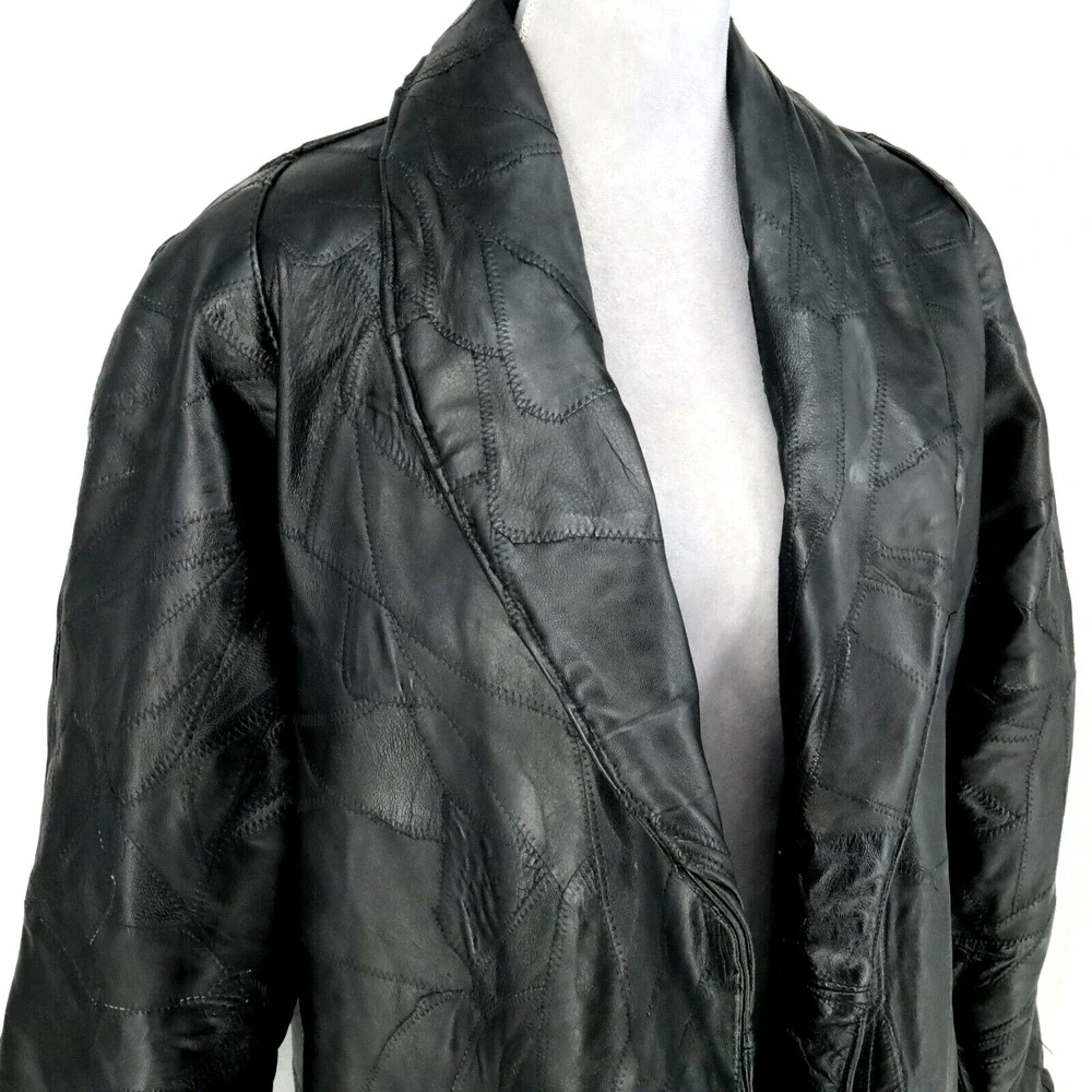 Navarre Leather Coat Jacket Womens Medium Black Lined Patchwork Look Outdoor